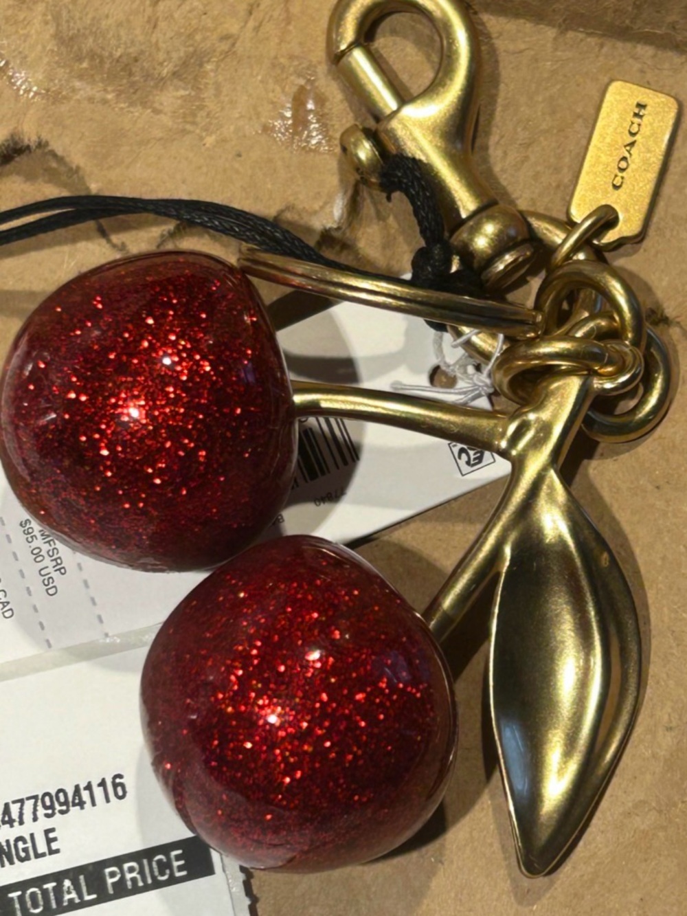 COACH Gold-Tone Cherry Key Charm with Red Enamel Cherries